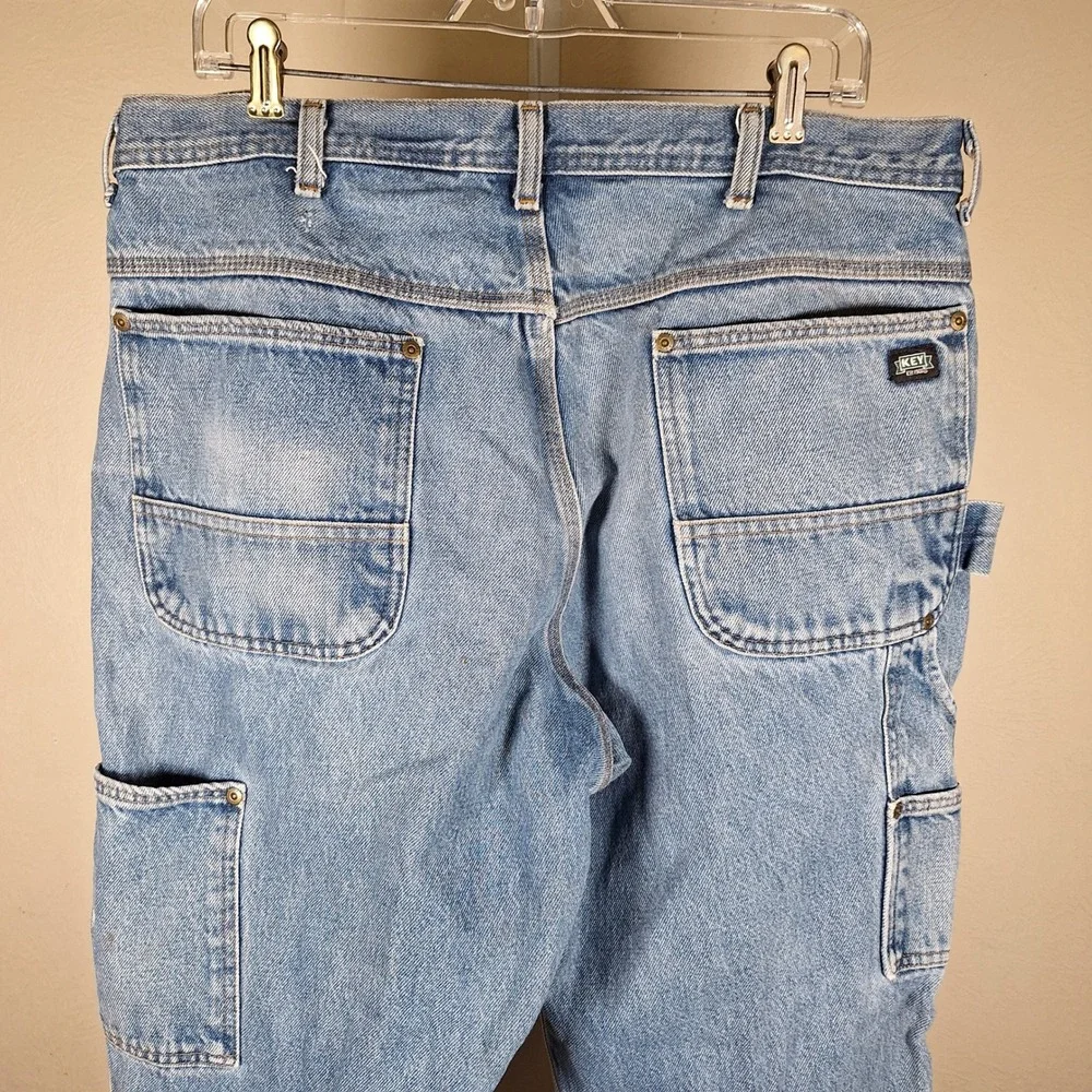 Key Y2K Double Knee Blue Jeans Bleach Thrashed Carpenter Workwear 38x32